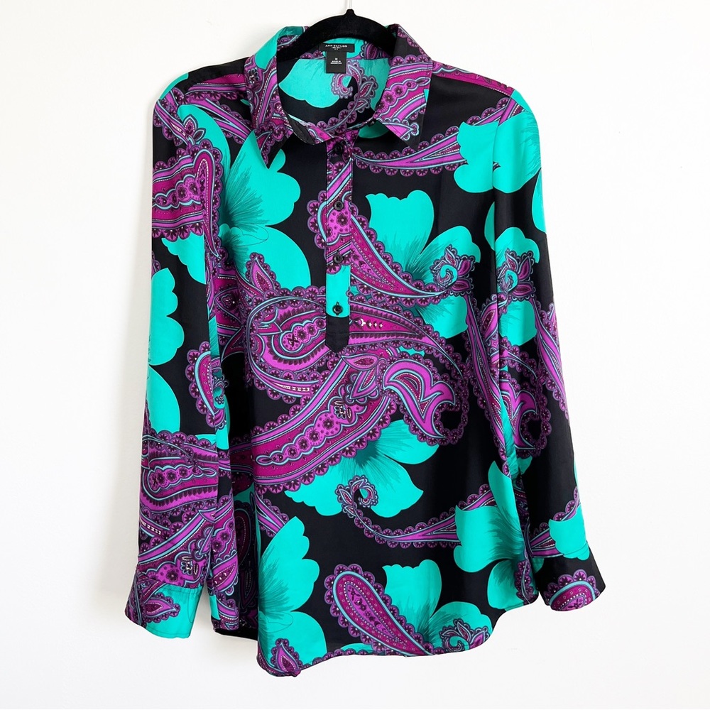 Ann Taylor Floral Popover Top Long Sleeve Blouse Green Purple Tropical Medium